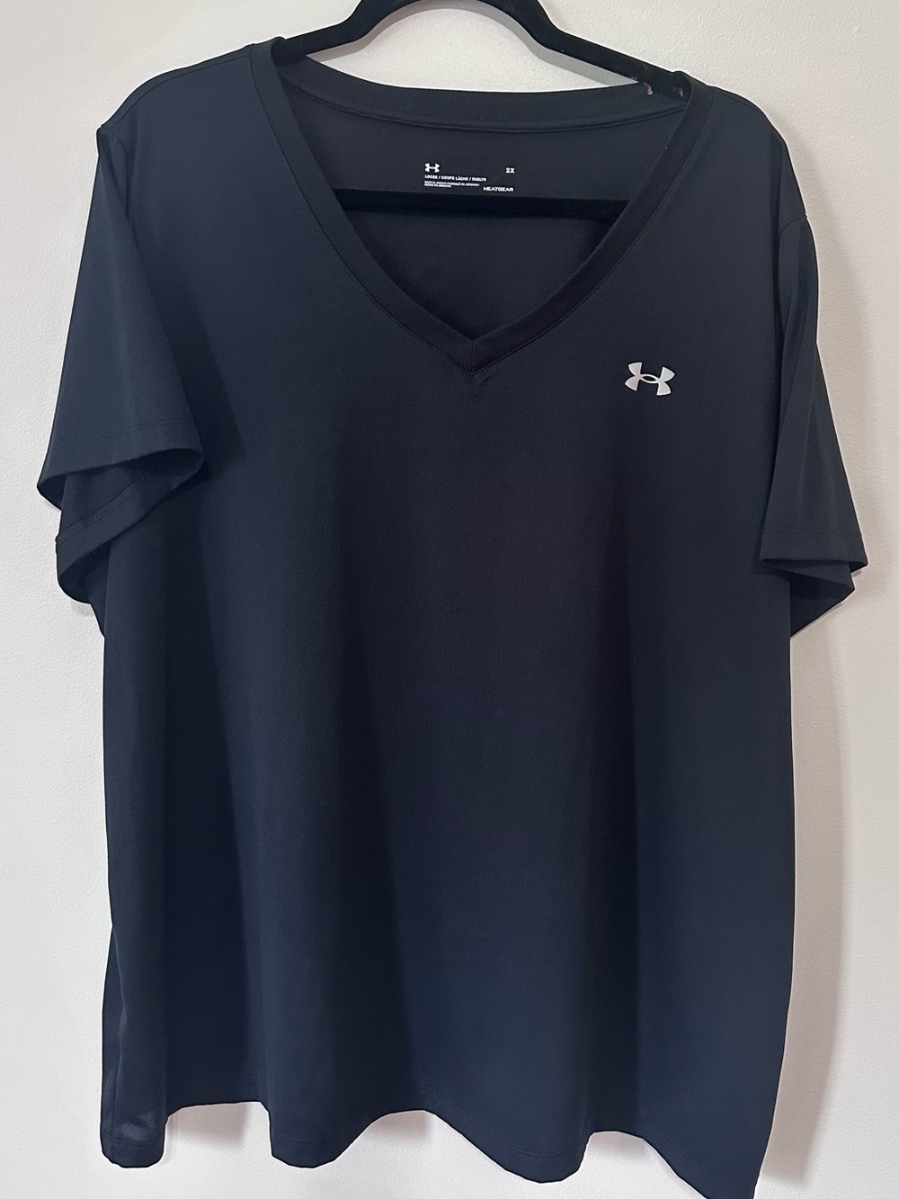 Ladies Under Armour Black V-Neck Short Sleeve Tee with Silver Logo